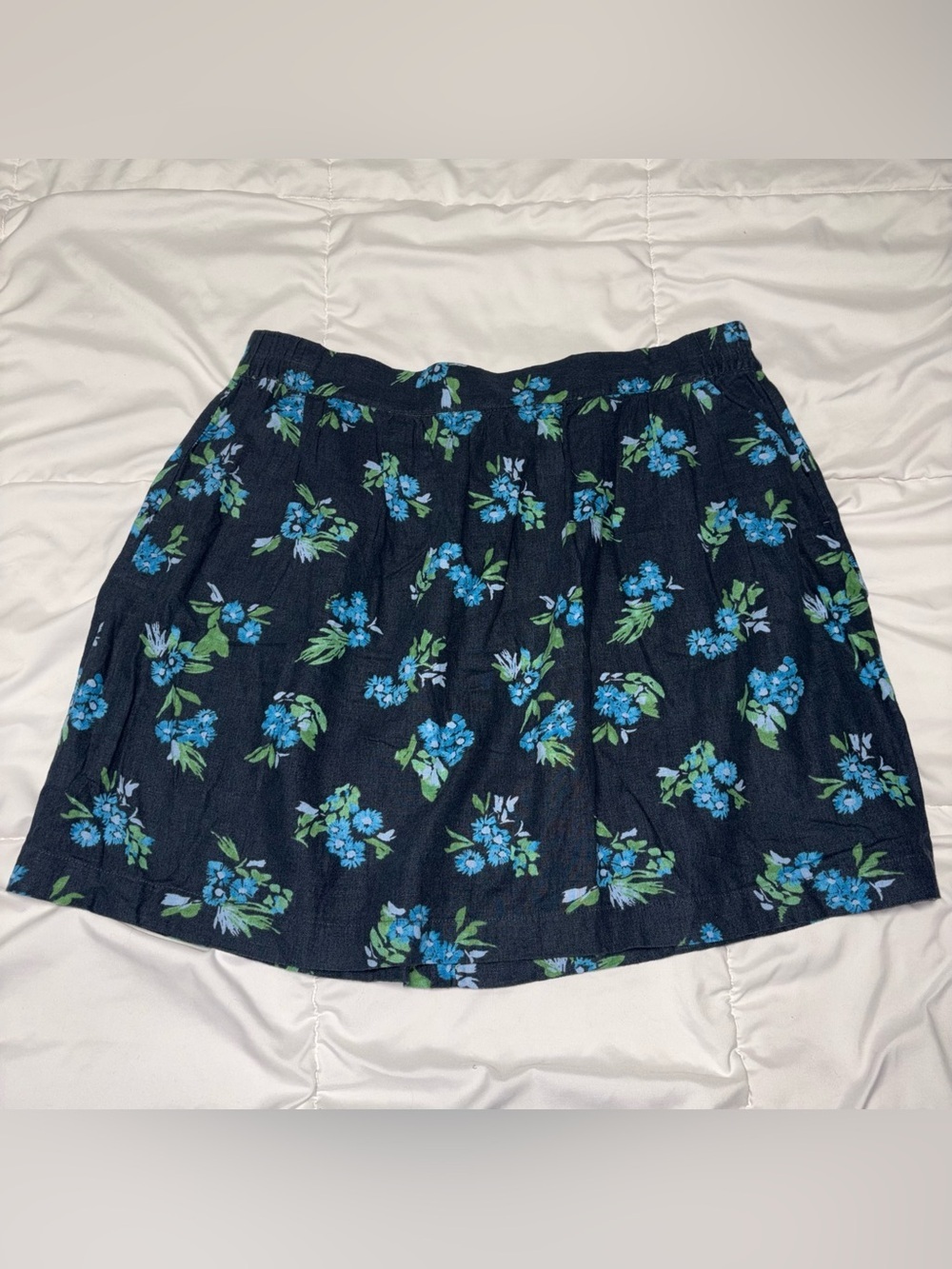 LOFT Linen Blue Floral Skirt Stretch Pleated Size XL Mini